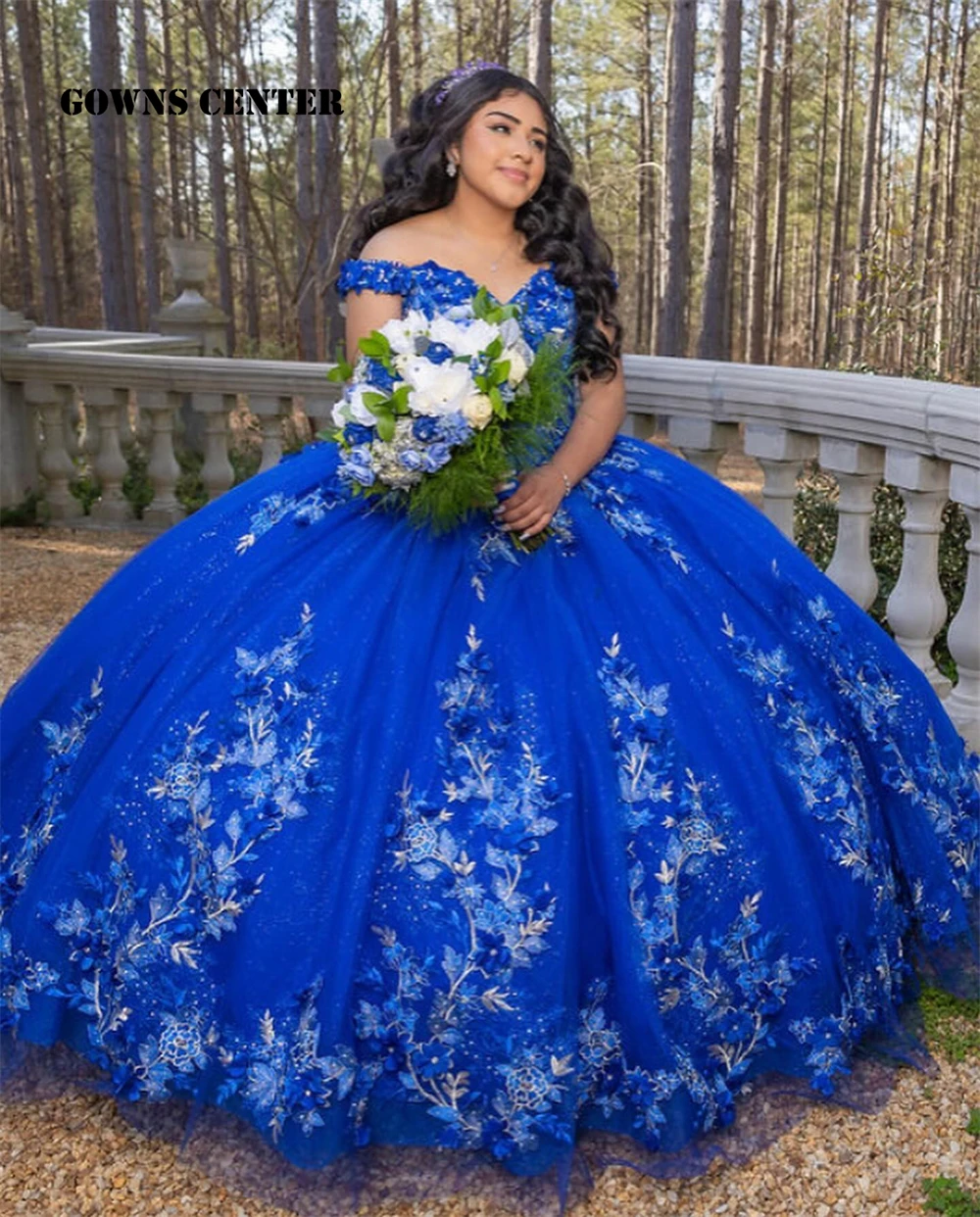 Royal Blue Off Shoulder gaun Quinceanera tua 15 tahun manik-manik