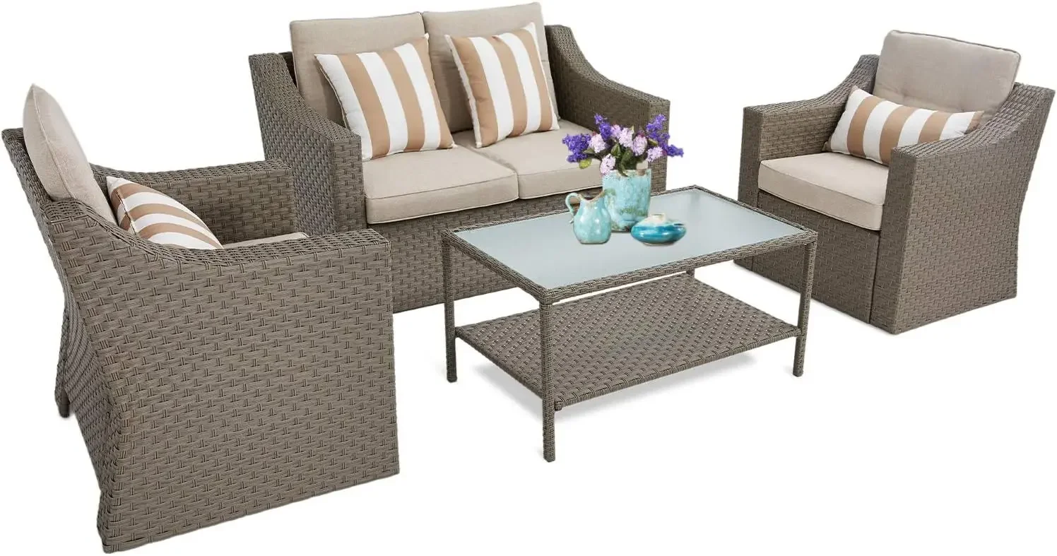 Outdoor Patio Furniture Conversation Set Rattan Wicker Chairs and Glass Top Table All-Weather and Thick Cushions