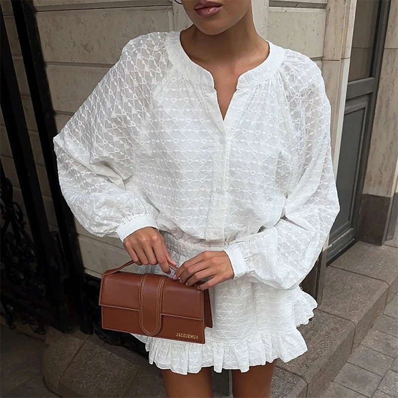 

Trendix Women Elegant Embroidered Dress 2026 Summer Button V Neck Long Sleeve Dresses Street Loose Party Casual Boho Mini Dress