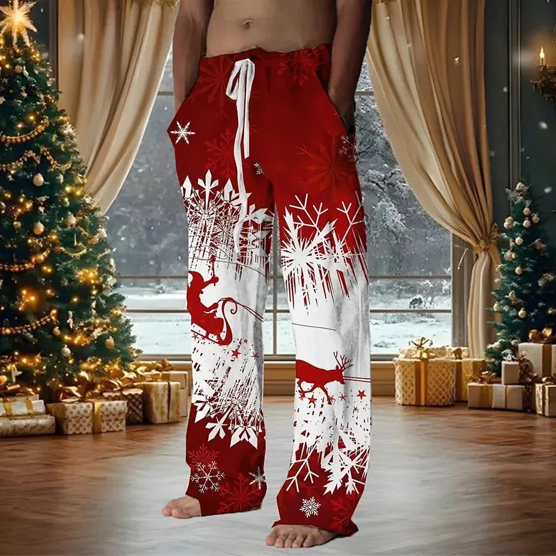 Christmas Men's Snowflake Pants Trousers  Drawstring Elastic Waist Casual Holiday Christmas Party Straight Leg Trousers Spring