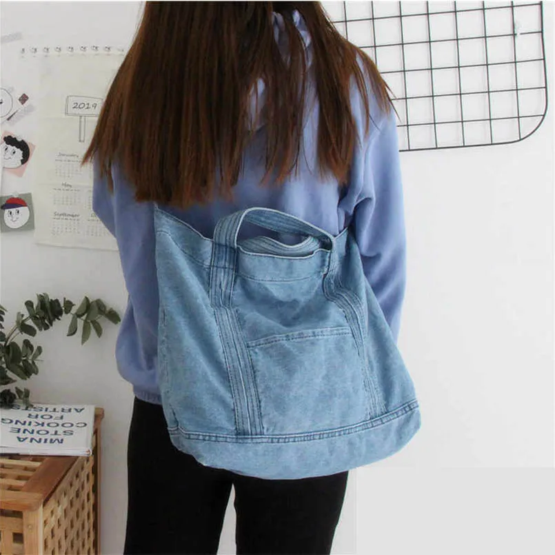 

Denim Unisex Campus Large Capacity With Pockets Blue Shoulder Messenger Crossbody Bags Laptop Handbag Jean Lady Purse