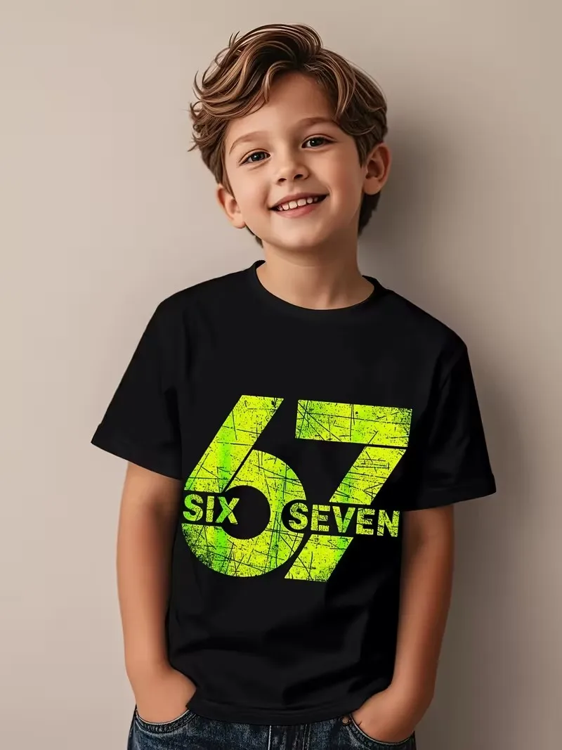 Camiseta de algodón divertida a la moda de verano para niños, camiseta informal con estampado Digital 67 SIX SEVEN, camisa cómoda de manga corta para niños