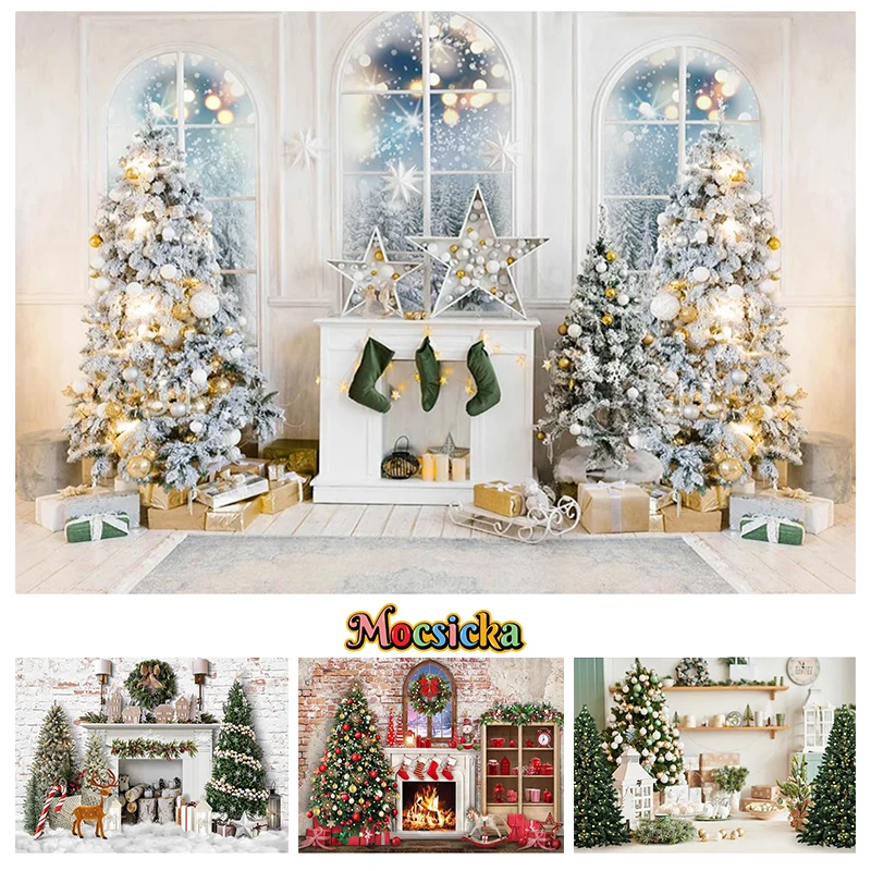 Mocsicka Christmas Photography Background Home Xmas Tree Fireplace White Wall Decor Family Holiday Party Baby Kid Photo Backdrop