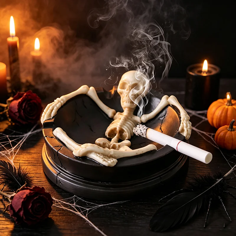 2026 New Skeleton Resin Ashtray Gothic Skull Cigarette Holder Halloween Party Tabletop Ornament Home Bar Desktop Decor Gift