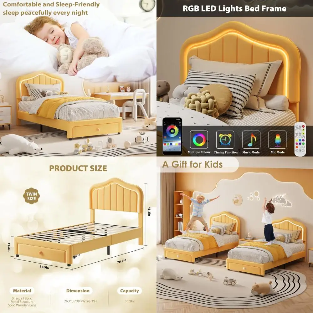 

Twin Upholstered Bed with Storage and Smart LED Lighting, Ideal for Kids, Wooden Slat Support, No Box Spring Needed, Easy Assemb