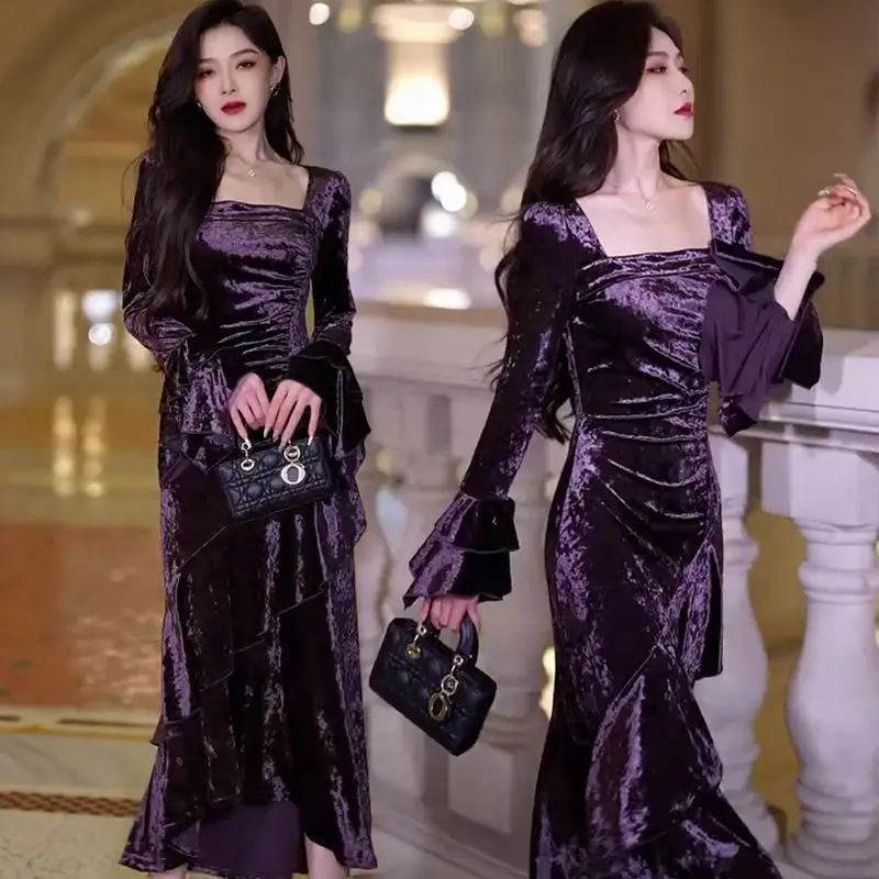 

Women's Autumn Spring Dress Retro Fitted Waist Square Neck Long Sleeves Velvet Minimalist Comfortable Fashionable New Versatile