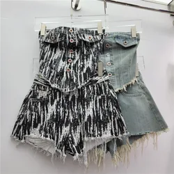 Distressed Denim Women 2 Piece Set Off Shoulder Crop Top Tassel Shorts Jeans Matching Set 2024 Summer Sexy Night Club Outfits