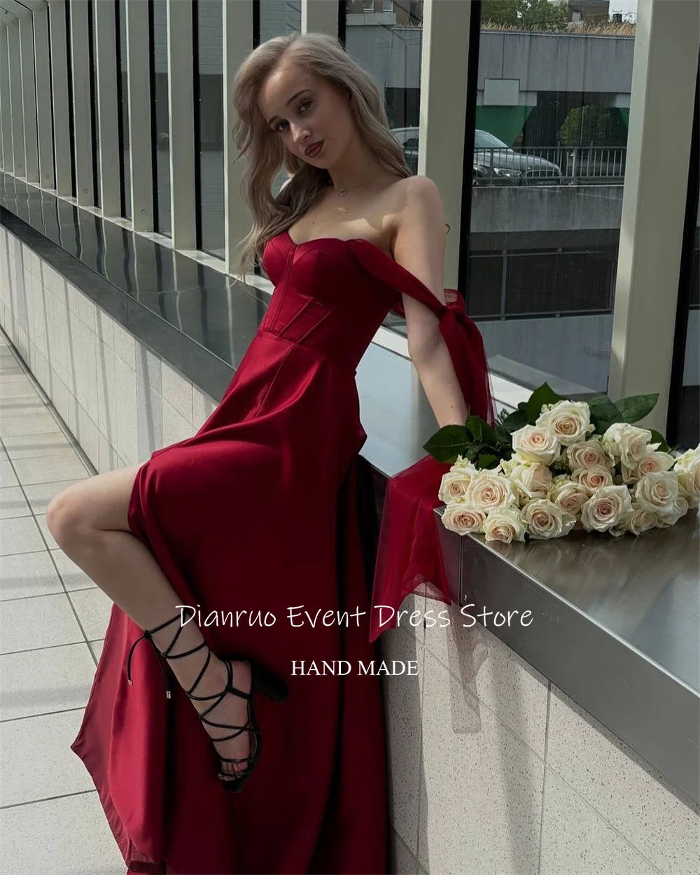 Dianruo бордовое вечернее платье с высоким разрезом, стильное прозрачное тюлевое платье с рукавами, Vestidos De Fiesta, шикарное вечернее платье с открытыми плечами по индивидуальному заказу