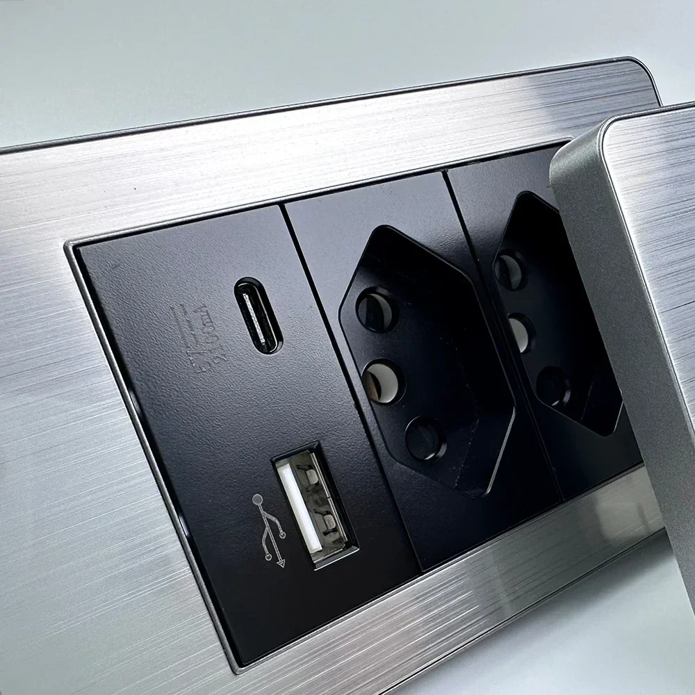 DELEFU Stainless Steel Panel Brazil Standard Outlet Double USB Type C Wall Power Socket Light Switch Office 4*2mm Black 10A 20A image 3