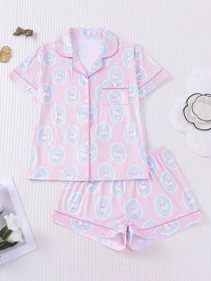 

2pcs Womens Pajama Set Spring Summer Short Sleeve Shirt Collar Top And Loose Shorts