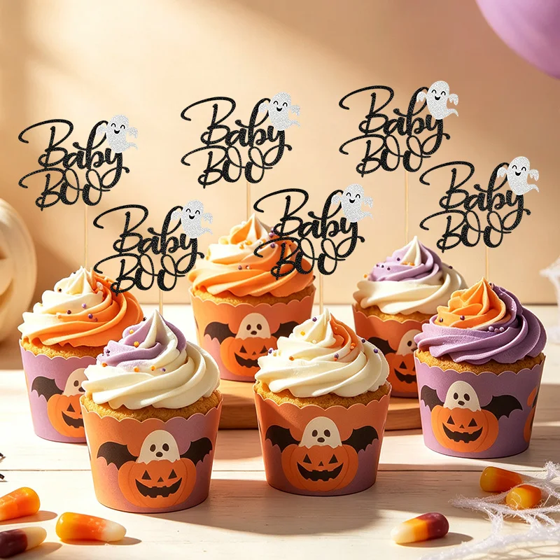 YOMDID 24Pcs Halloween Boo Cupcake Toppers Glitter Boo Ghost Silhouette Cake Picks for Fall Holiday Party Cake Decorations