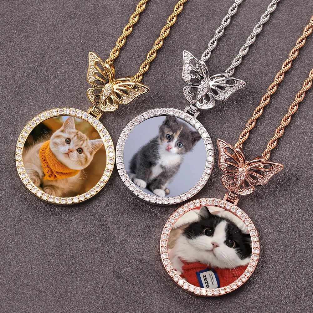 

Fashion Iced Out Crown Hoop Circle Photo Pendant Butterfly Round Picture Pendant Necklace DIY Memory Hip Hop Jewelry Gift