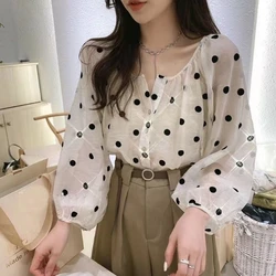 Polka Dot Long Sleeved Top for Spring and Autumn New Style Round Neck Collarbone Exposed Shirt for Women Loose and Breathable