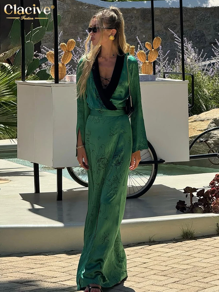 

Clacive Fashion Loose Print Women's Dress Sexy V-Neck Long Sleeve Maxi Dresses Lady Elegant Classic High Waist Female Dress
