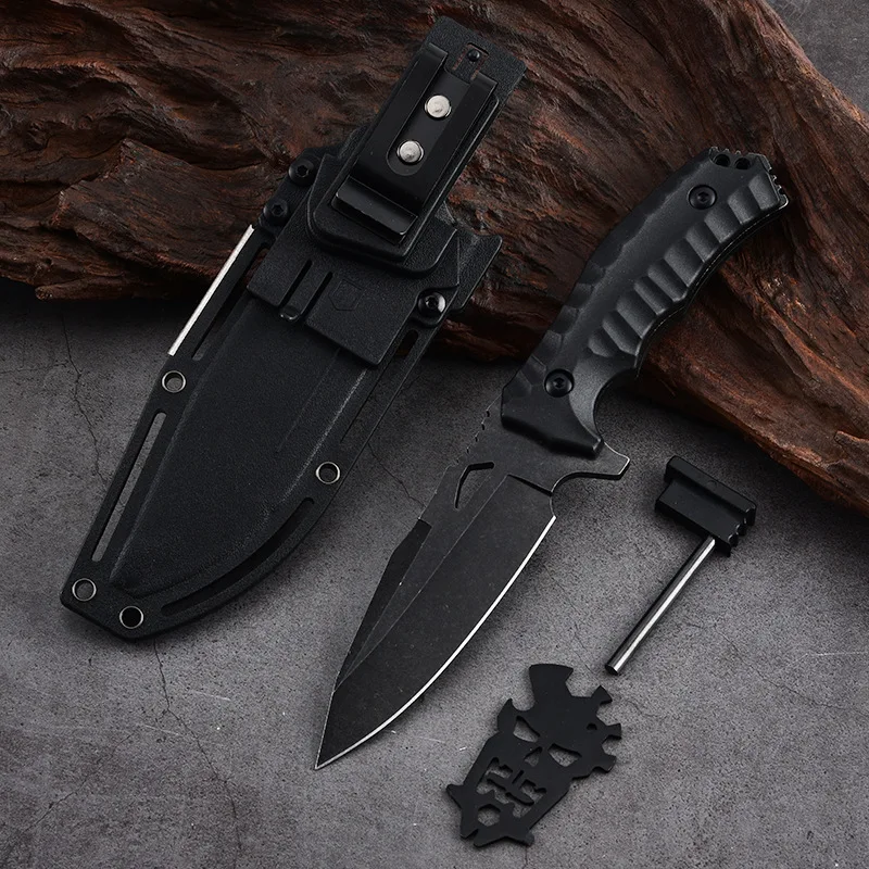 Multifunctional Portable Outdoor Climbing Survival Knife with Flint Fixed Blade Nylon Glass Fiber Straight Survival Knives Tools