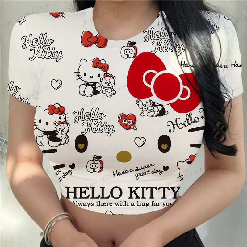 Y2K Kawaii Hello Kitty Sweet Short Sleeve Women Casual T Shirts Basic O Neck All Match Crop Top Soft Bodycon Korean Fashion Tees