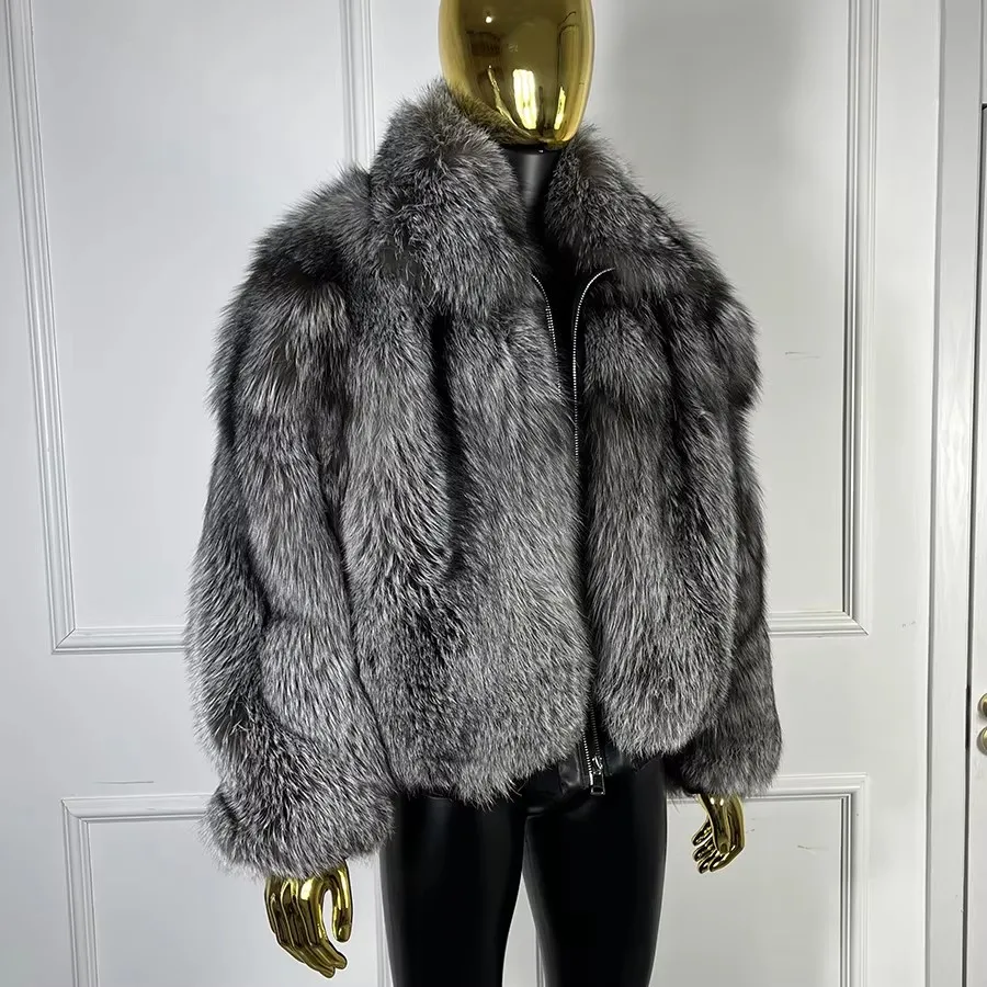 Men's Full Skin Fox Fur Zippered Bomber Jacket Real Silver Fox Fur Coat With Collar Short Fur Coat High Quality Natural Fur Coat