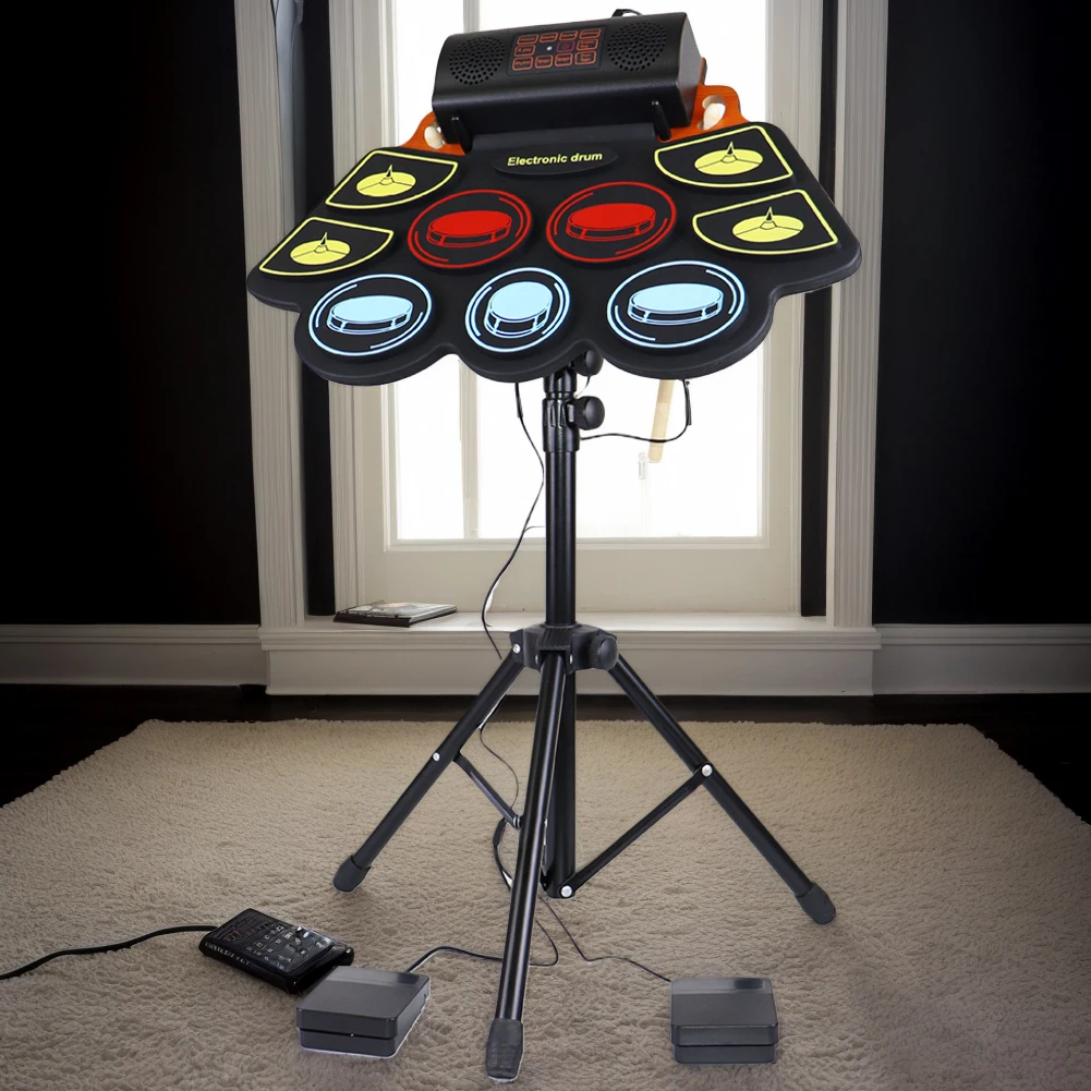 Electric Drum Set Roll-Up Drum Practice Pad with Stand Drum Sticks and Pedals Portable Drum Kit for Kids Adults Birthday Gift