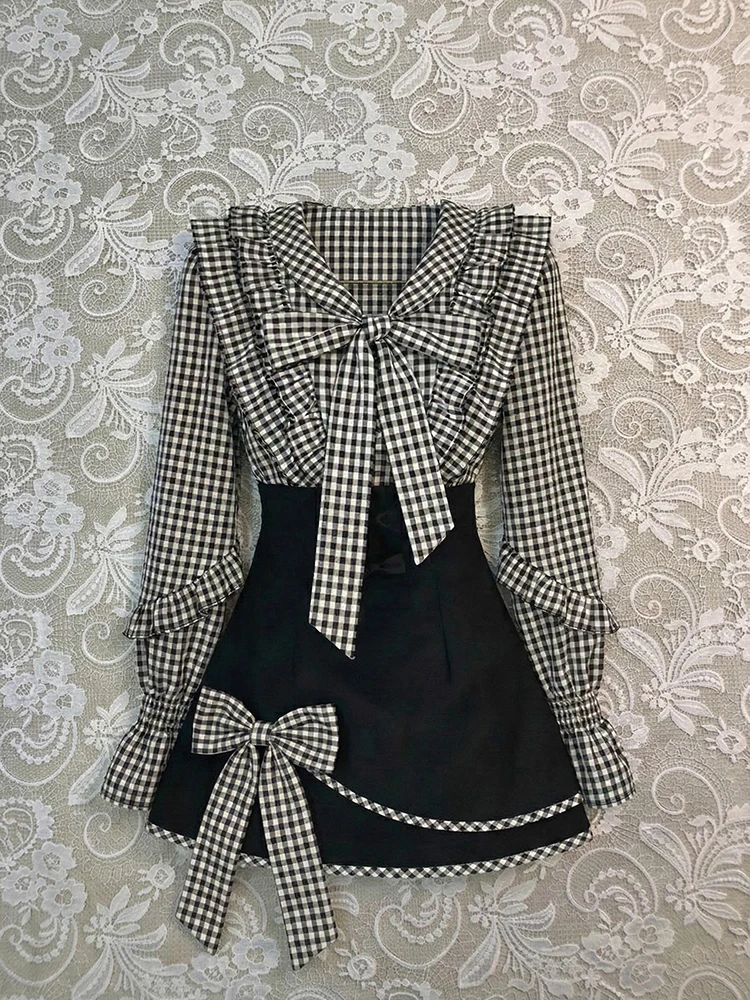 

Оригинальный женский комплект BaoYao Girl: клетчатый топ с завязками на талии и длинными рукавами, стройнящий силуэт, летний, модный
