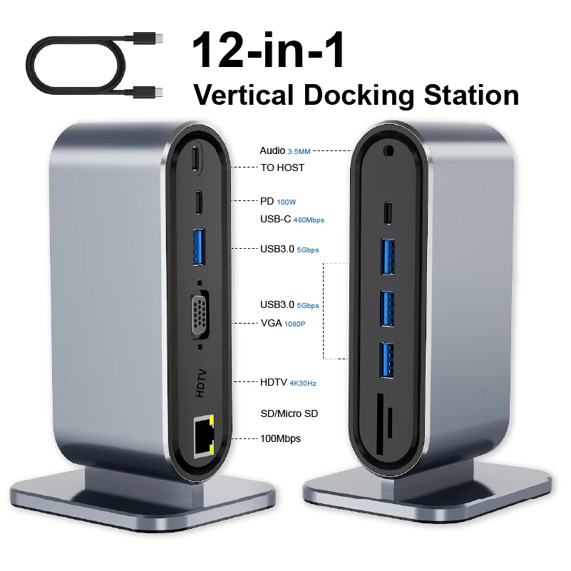 

12-in-1 USB-C Vertical Docking Station with 4K30Hz HDTV, VGA, 100Mbps, 4 USB 3.0 5Gbps, USB-C, PD 100W, Audio, SD/TF for Laptop