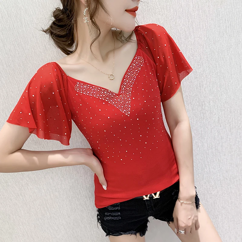 Slim Fit V-Ne ort Sve T-irt Women's Faionable Me Patchwork Diamond Studded Summer Top Korean Sle Commute Wear