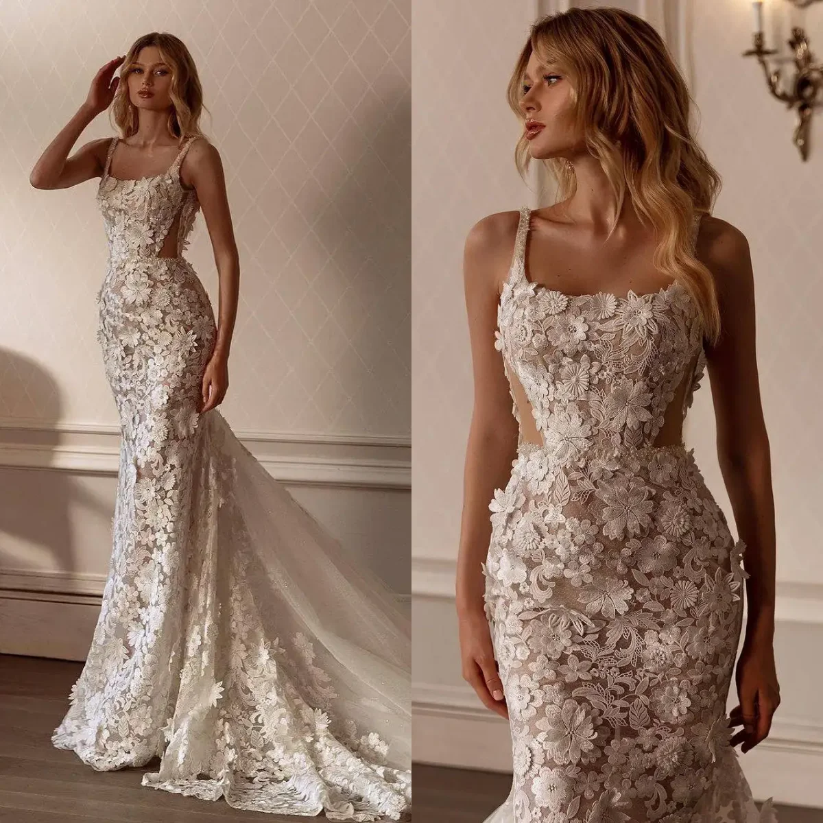 

Elegant Sleeveless Mermaid Wedding Dress Square Collar Decal Bareback Bridal Dress Tulle Strap Ball Dress Customization