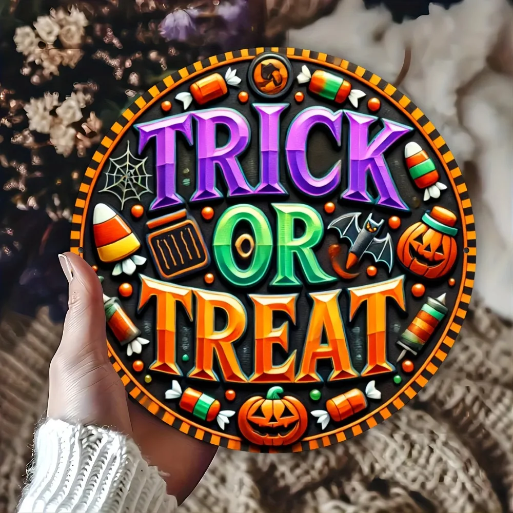 

Halloween Trick or Treat Metal Sign, Vintage Garage Wall Art Decor, 2D Foil Engraved Round Plaque for Restaurant, Living Room