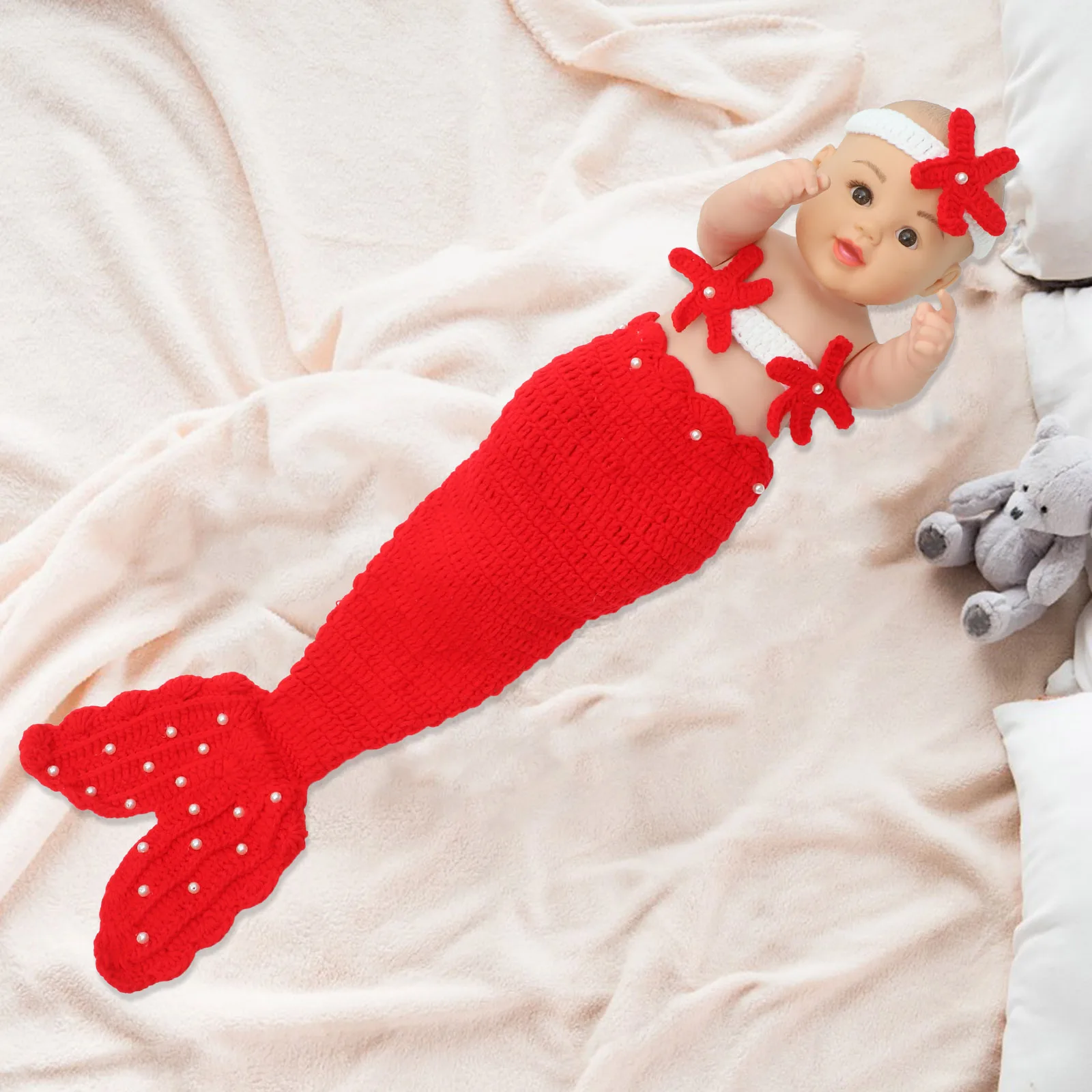 

1Set Baby Cosplay Suit Newborn Photography Props Red Mermaid Tail Infant Knitting Crochet Costume Baby Suits for Photo Shoots