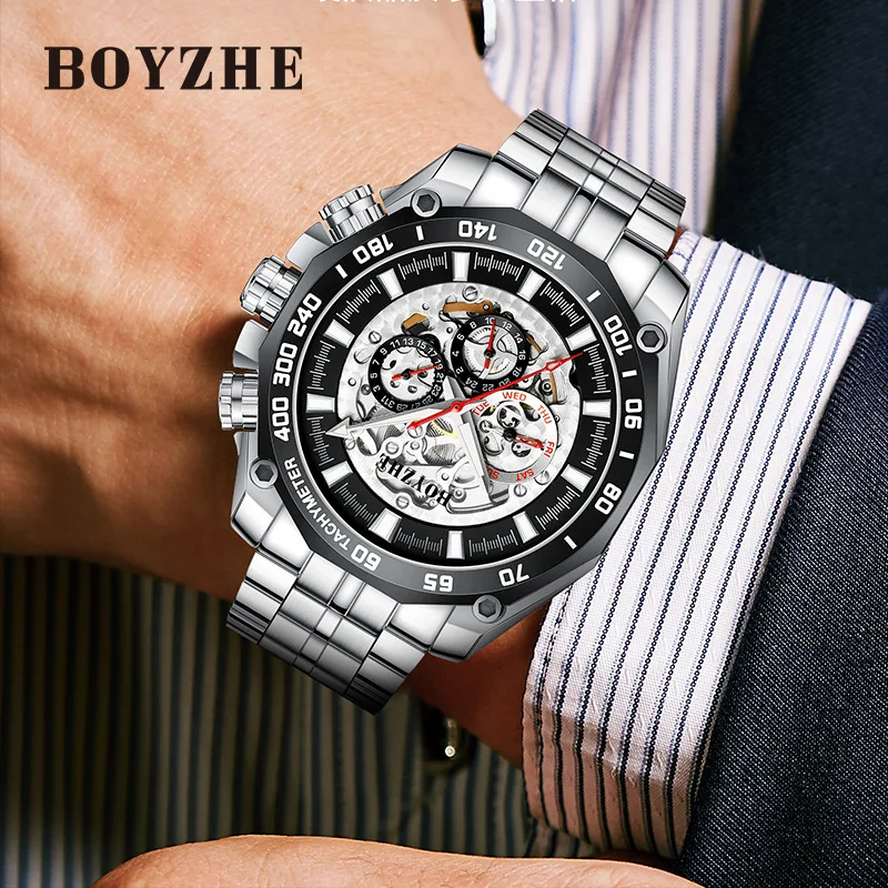 BOYZHE ساعة رجالية من أفضل العلامات التجارية الفاخرة الرياضية الميكانيكية ساعات رجالي فولاذ كامل مقاوم للماء مضيئة الهيكل العظمي ساعة اليد الرجال Relogio