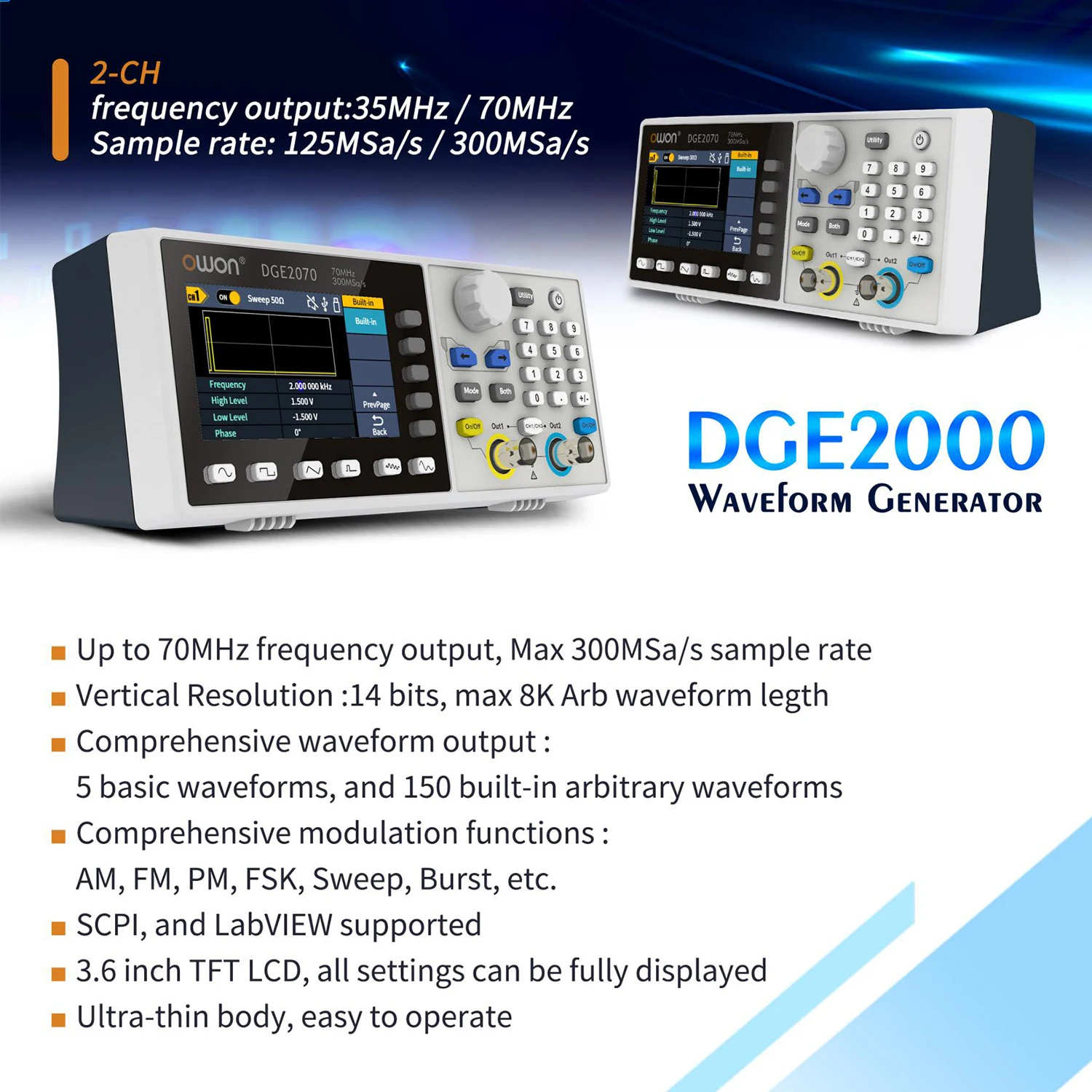 Owon DGE2035 DGE2070 300MSa/s Arbitrary Waveform Generator 14Bits 35MHz / 70Mhz Dual Channels Osiloscopio Digital Oscilloscope