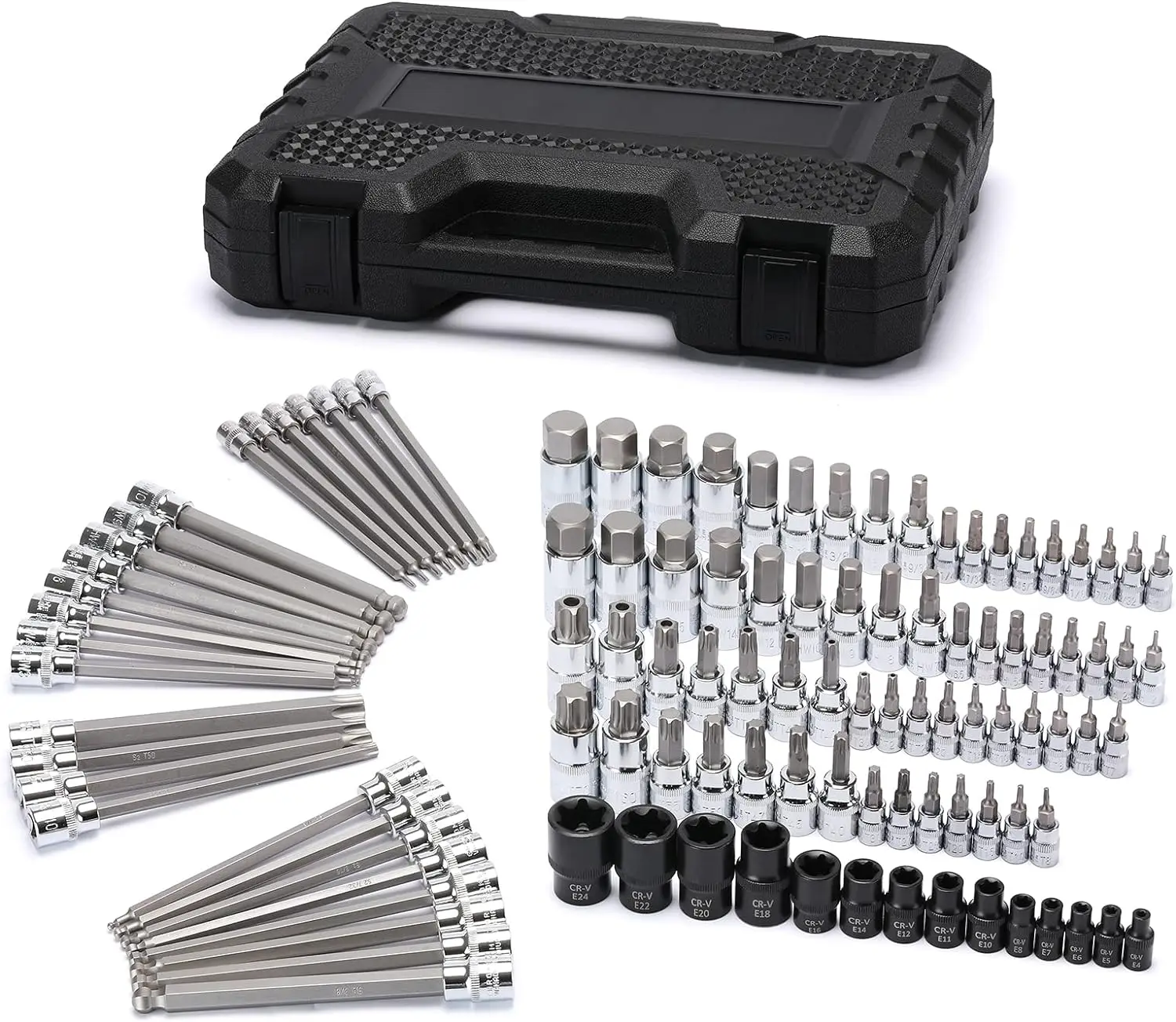 

107PCS Bit Socket Set,1/4", 3/8" and 1/2" Drive, Hex/Torx/Tamper Proof Torx/E-Trox/Long Ball End Hex, CR-V, S2 Steel, SAE/Metric