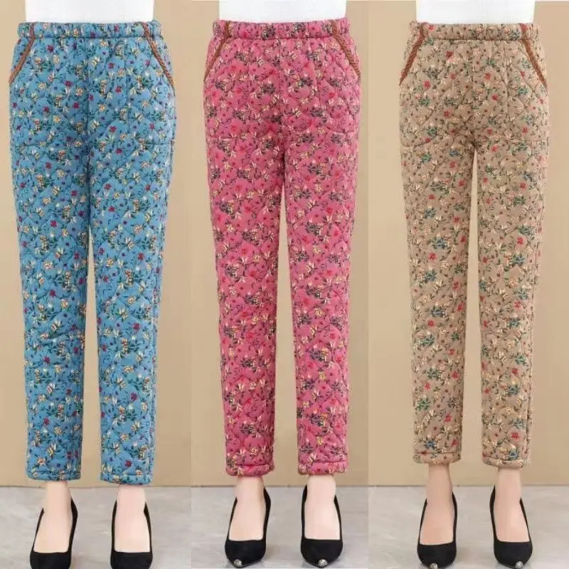 Women's Chinese Style Thick Plus Velvet Warm Straight Pants High Waisted For Middle-aged And Elderly Floral Printed Trousers