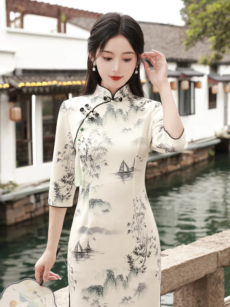 

Элегантное винтажное женское платье-ципао миди в улучшенной версии, модное, простое, однотонное