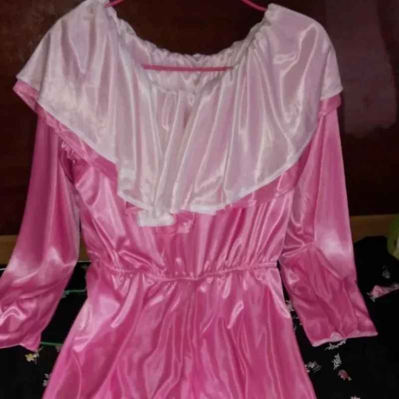 Men's Pink Ice Silk Jumpsuit  Women's Sexy Off Shoulder Double-Sided Silky Bodysuit Wide Leg Pants Long Sleeve Pajamas