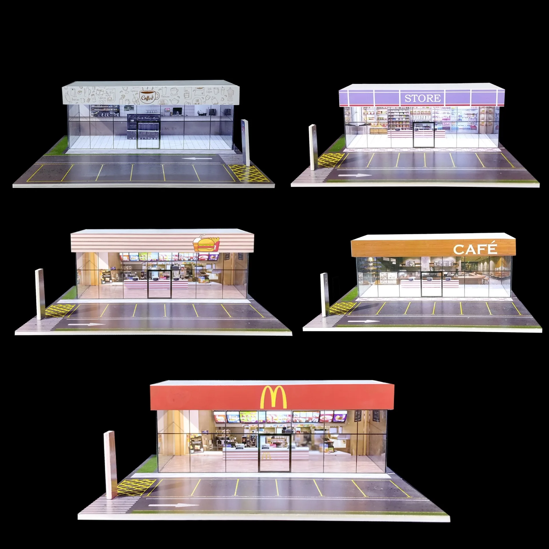 

MD 1:64 Maintenance center/fast food restaurant /LAWSON convenience store/Coffee shop light board assembly display scene
