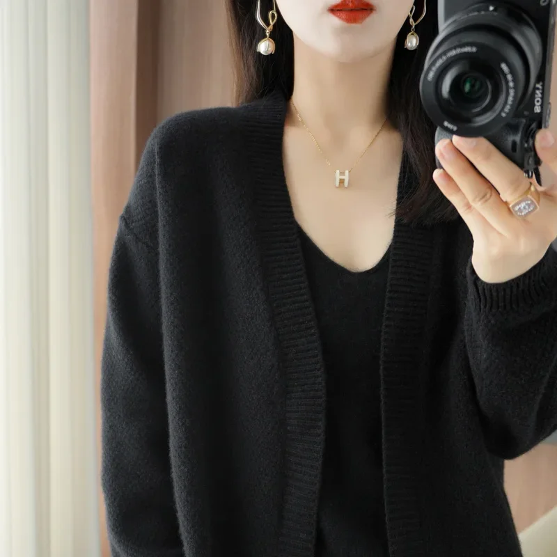 Autumn Ainter New Style V-neck 100% Pure Wool Cardigan Sweater Loose Casual Knitted Women\'s Long Sleeve Coat