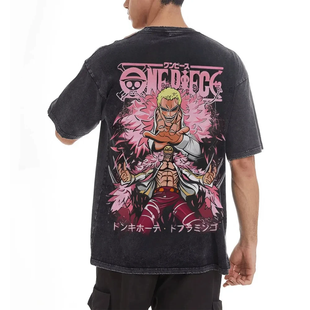 

Anime ONE PIECE Doflamingo Men Wash T-Shirt Harajuku Summer Cotton Fitness Vintage Street Oversized Women Casual Short Sleeves