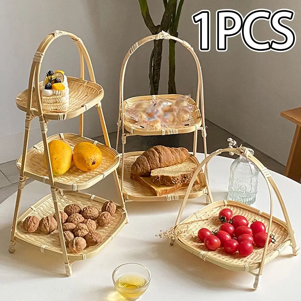 1Pcs Fruit Food Vegetable Bamboo Woven Basket 1/2/3 Layer Multi-function Storage Basket for Kitchen Handwoven Standing Tray