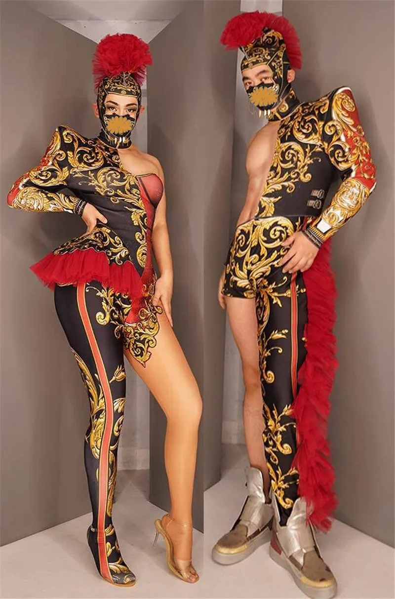 

Men Women Dance Team Cosplay Costume Vintage Print One Shoulder Jumpsuit Uniform Nightclub Singer Dancer Performance Stage Wear