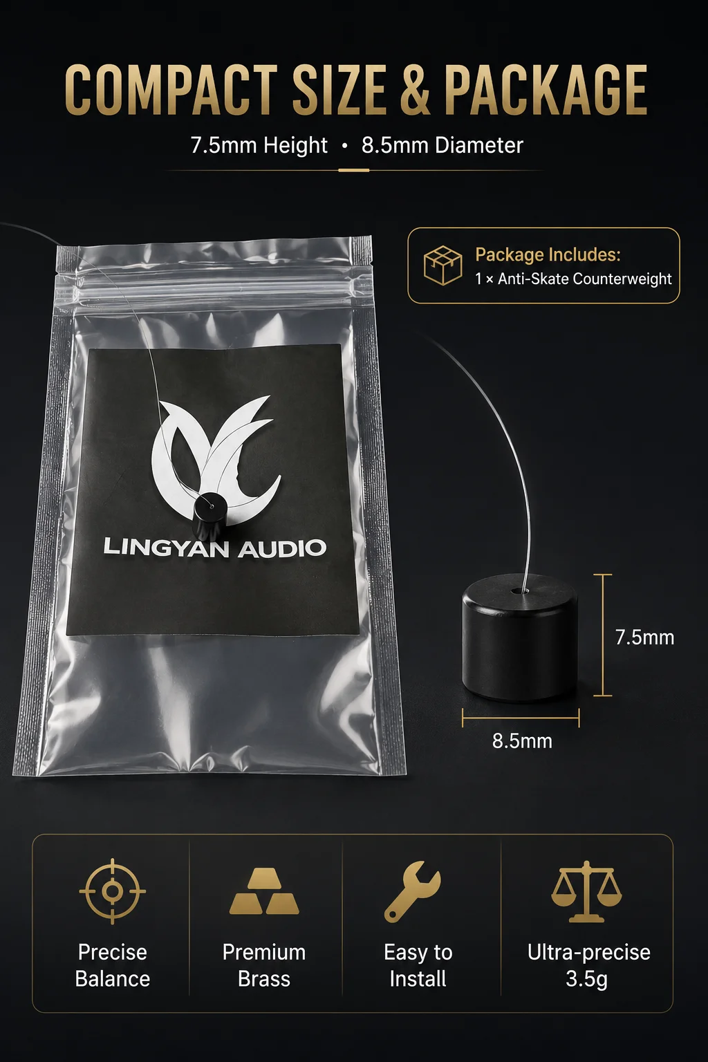 Clear Fishing Line 3.5g Brass Anti‑Skating Weight Repair Accessory Compatible with Pro‑Ject Hi‑Fi Turntable Tonearm Setup