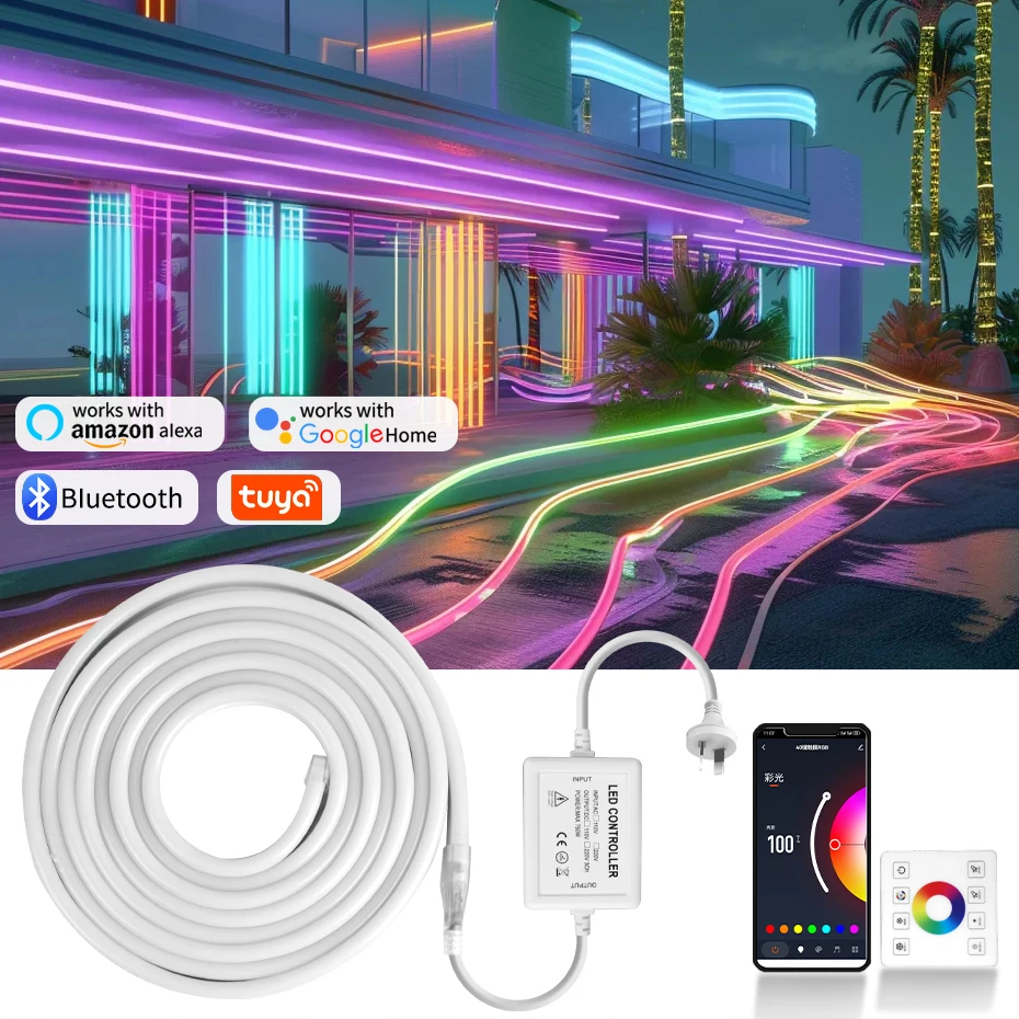 220V Dimmable RGB Led Tape 1M-100M Smart Tuya WiFi RGB Neon Light Strip with RF Panel Remote AU Plug Waterproof Flexible Tape