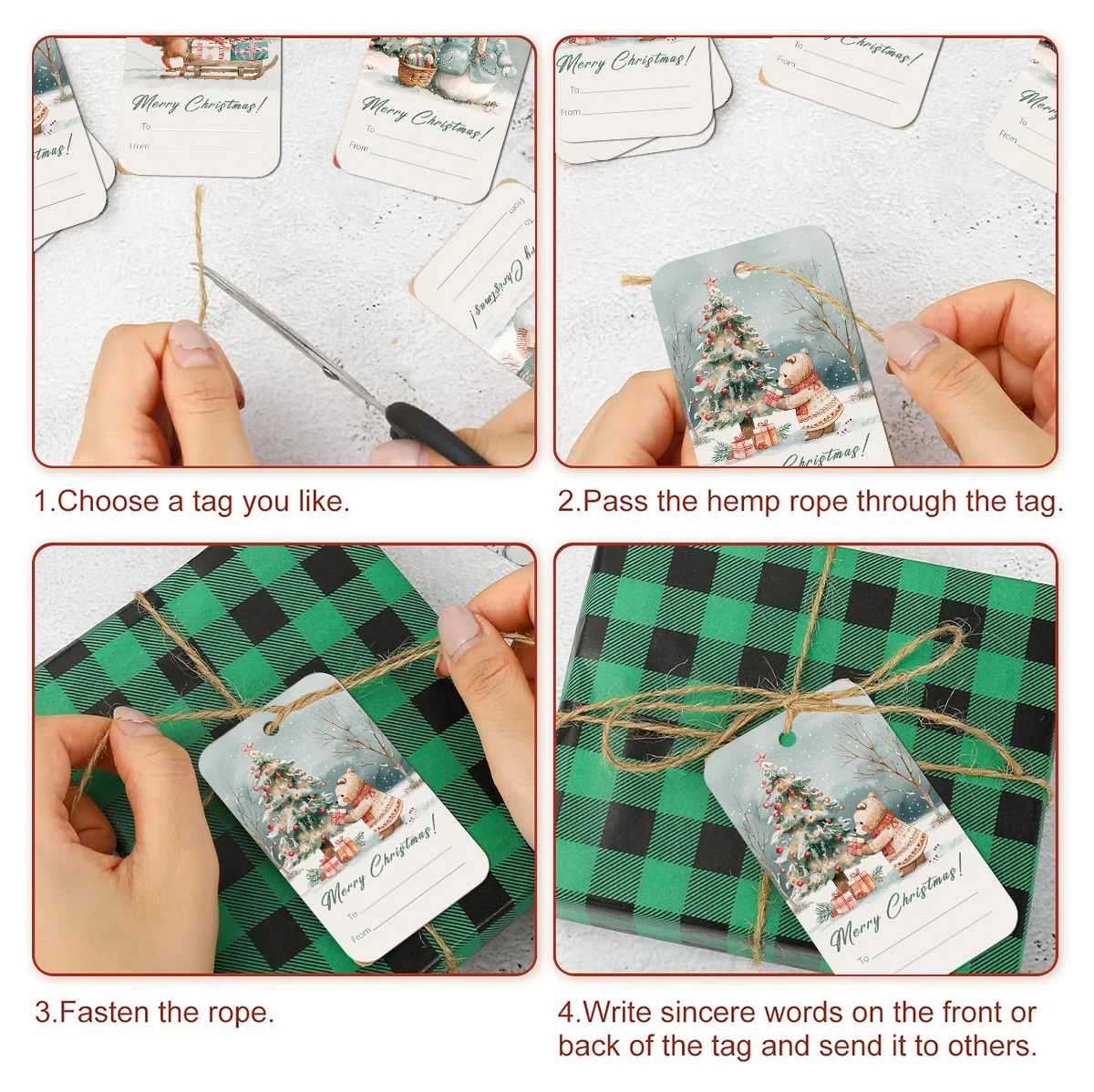 50 Stück Weihnachtsanhänger zum Aufhängen, Motiv: Schneemann, verschneite Szene, Beschriftung, Geschenkverpackung, DIY-Bastelkarte, Party-Weihnachtsbaumdekoration – Detail 2