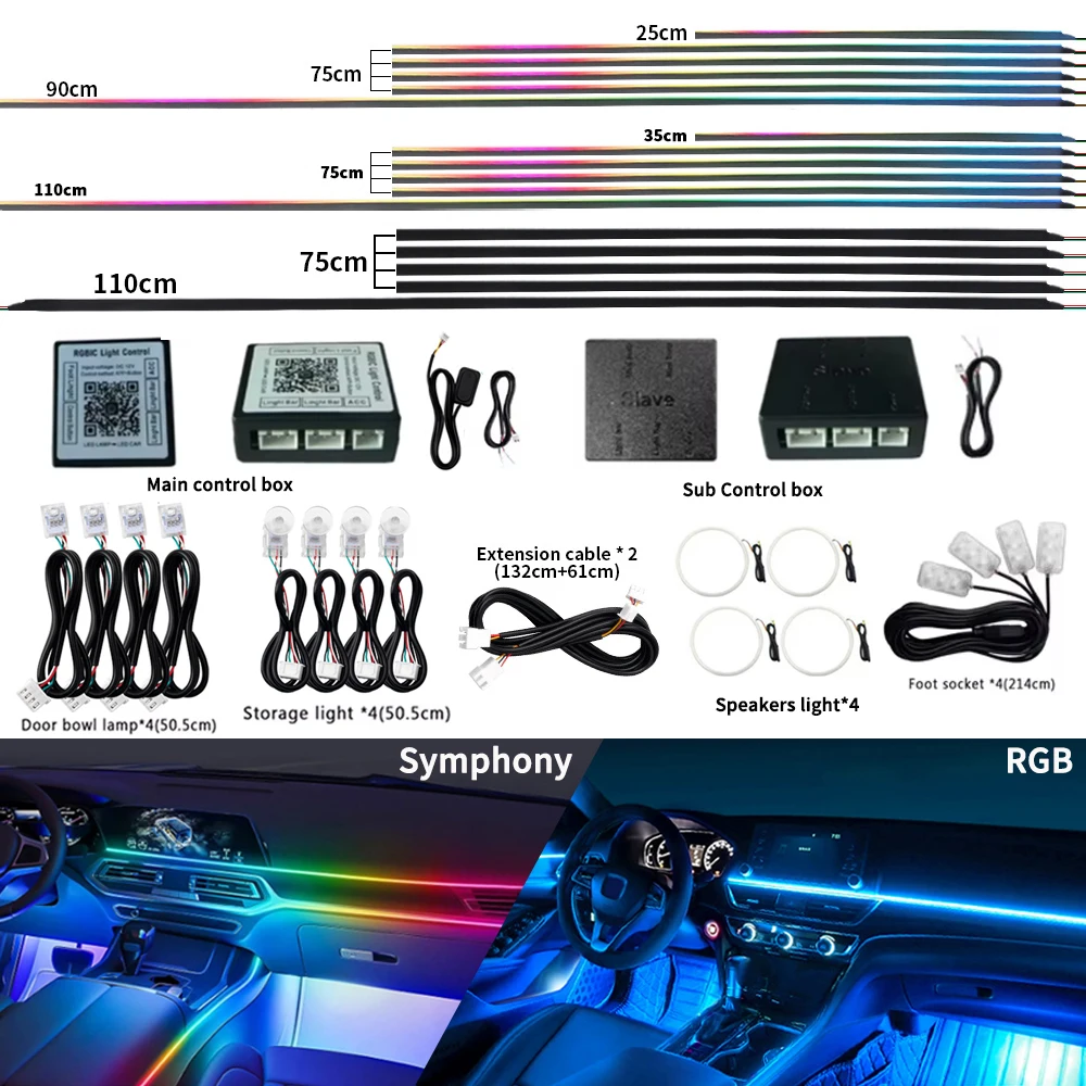 

18 in 1 Atmosphere Lamp Parts Symphony RGB 64 Color Main/Sub Controller 75CM 110CM Acrylic Light Strip Storage Lamp Foot Light