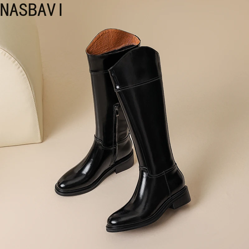 NASBAVI 2026 الشتاء النساء حذاء برقبة للركبة موضة جولة تو أحذية امرأة منتصف الكعب جلد البقر دراجة نارية أحذية طويلة أسود 34-43 #3