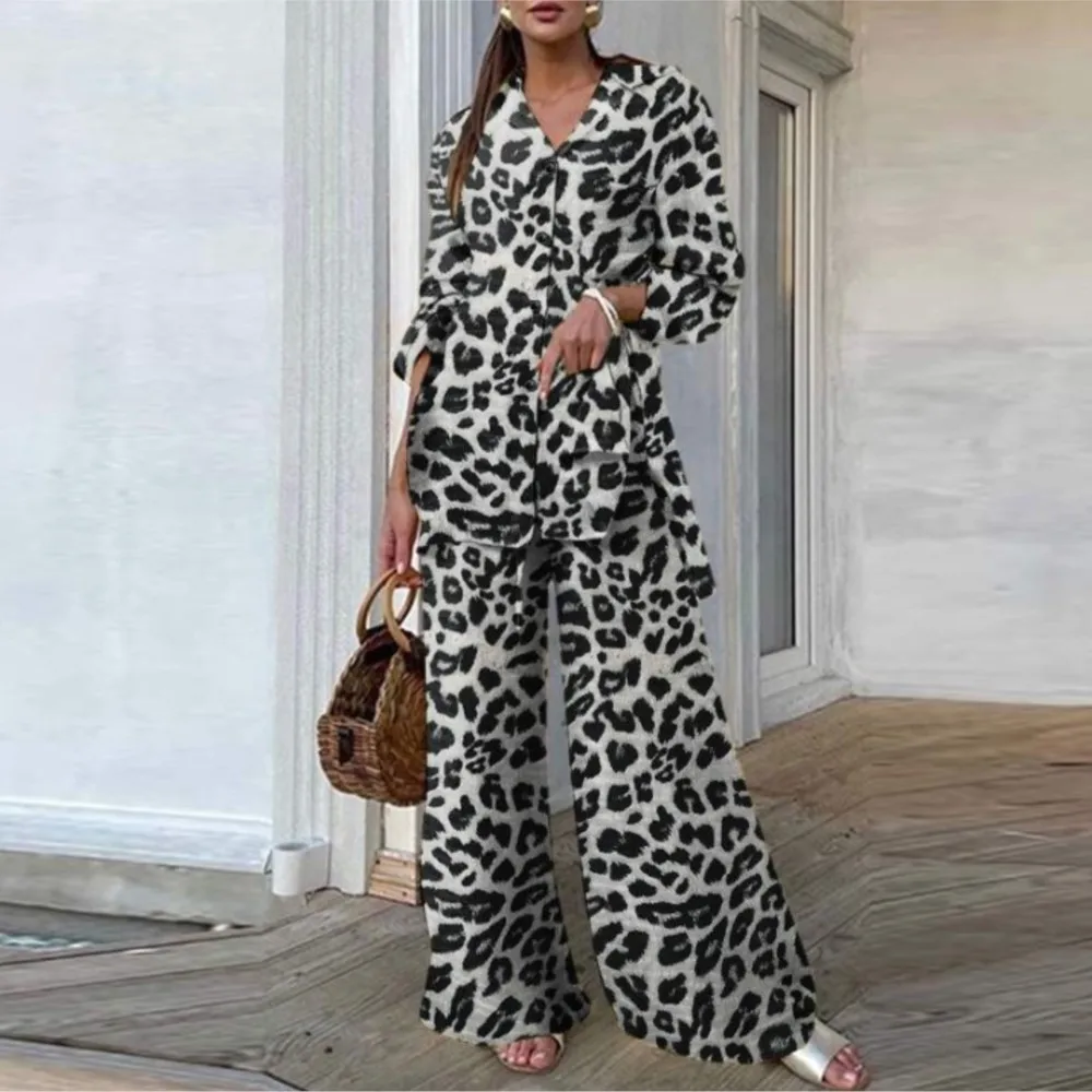 Fashion Women\'s Two Piece Set 2024 Autumn Female Fashion Top Women\'s Leopard Print Wide Leg Pants Casual Loose Sets Outfits