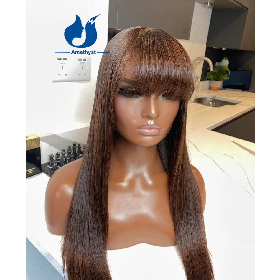 Amethyst ช็อกโกแลตสีน้ําตาลวิกผมผมมนุษย์ผู้หญิง Bangs เต็มรูปแบบหนังศีรษะบราซิล Remy วิกผมตรง