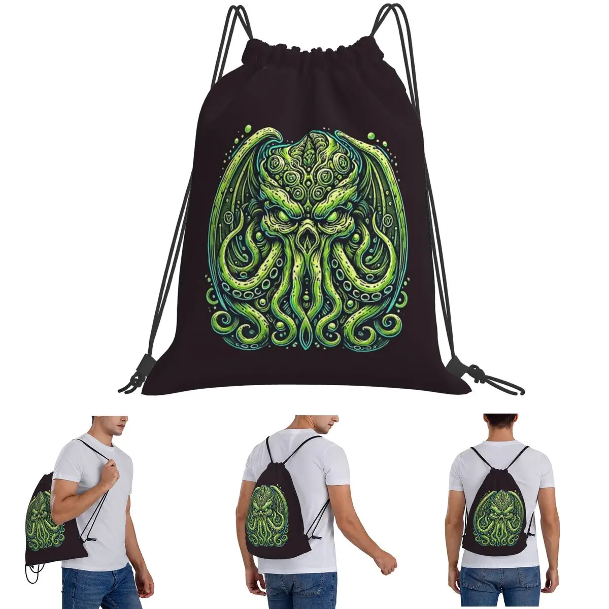 

Green Cthulhu Octopus With Tentacles And Teeth Backpacks Fashion Drawstring Bundle Pocket Sports Bag Book Bags for Travel School