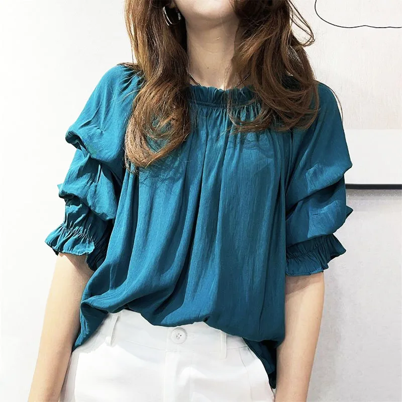 Puff Sleeve Elegant Fashion Half Sleeve Solid Color Pullovers for Women Korean Fashion Loose Chiffon Women\'s Clothing T-Shirt