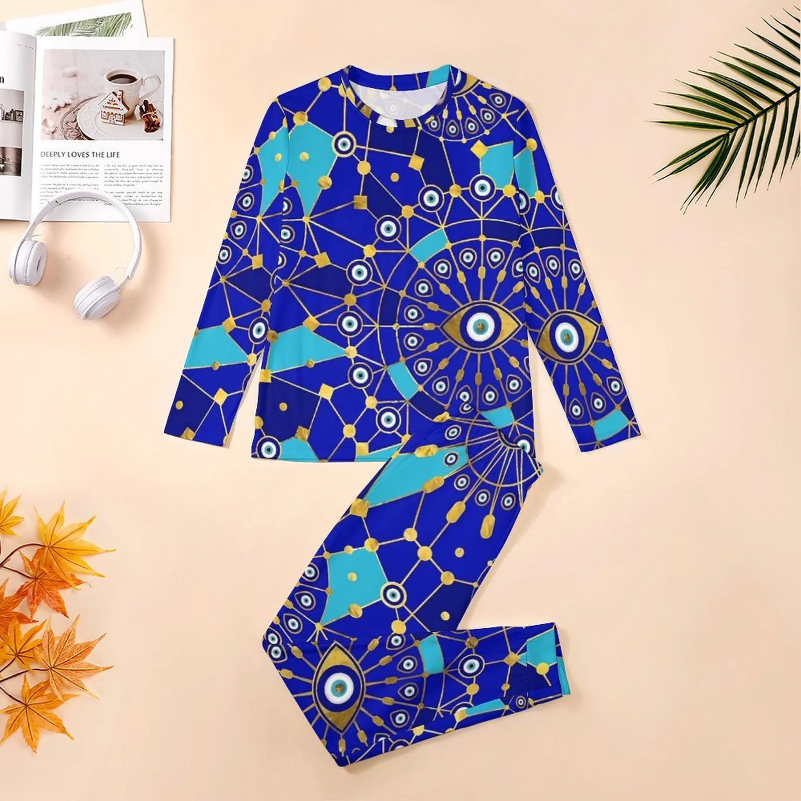 Evil Eye Charm Pajamas Daily Two Piece Geometry Print Romantic Pajama Sets Male Long-Sleeve Room Graphic Sleepwear Big Size