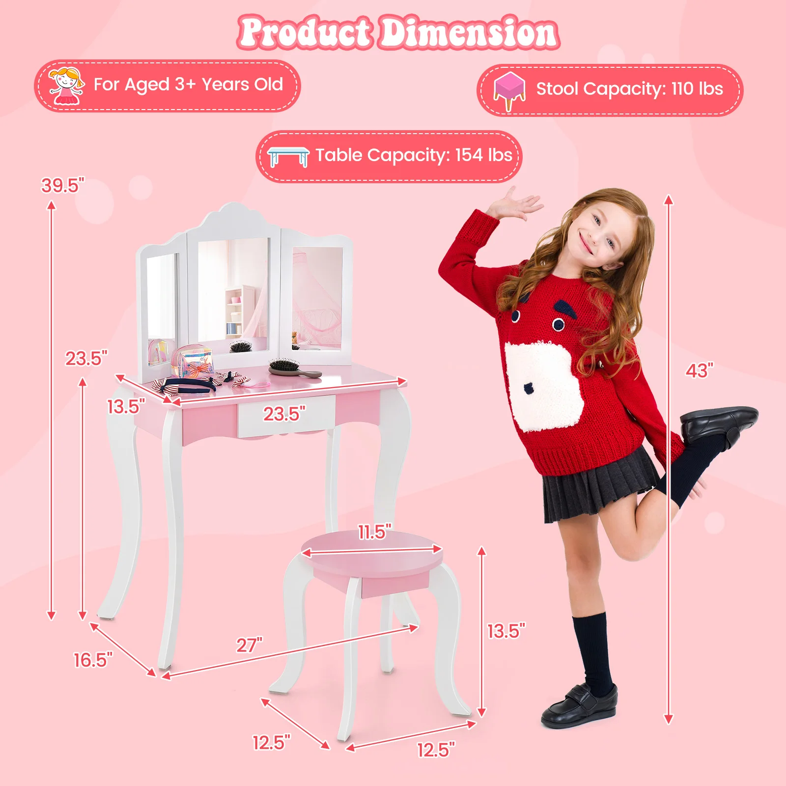 Kid Vanity Table and Chair Detachable Tri-Folding Mirror Pretend Play Makeup Set